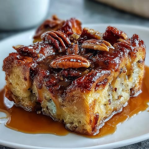 Golden Guava Caramel Bread Pudding With Pecans bubbling from the oven, rich custard and gooey guava peeking through crunchy nuts.
