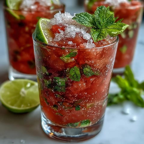 A tall glass of Guava Mojito with pink guava nectar, muddled mint leaves, and lime wedges on a bright summer table. 