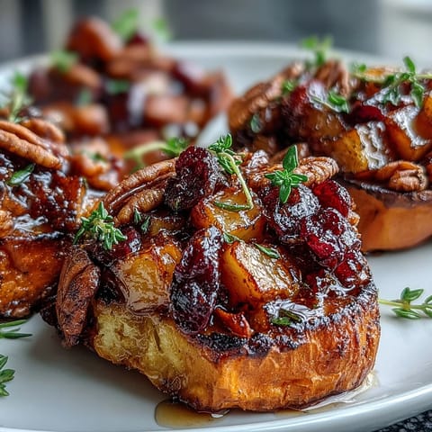 Fresh thyme and sliced almonds garnish these sweet Cranberry Apple Twice Baked Sweet Potatoes served warm on a rustic plate.