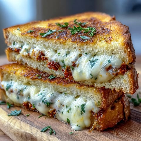 Golden-brown Sun-Dried Tomato Pesto Grilled Cheese melting in a skillet, showing rich mozzarella oozing from crispy sourdough.