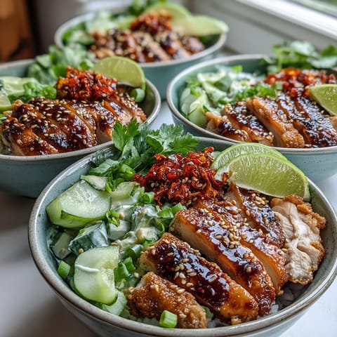 Chilled cucumber salad with Greek yogurt sits beside juicy seared chicken, ready for a drizzle of chili crisp and a squeeze of lime.