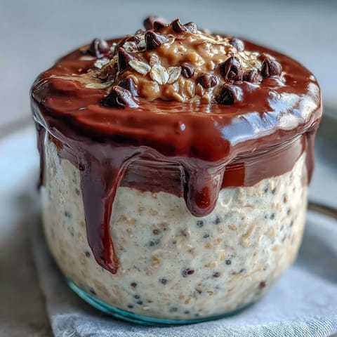 Close-up of creamy Peanut Butter Cup Overnight Oats with a rich cocoa swirl and chopped peanuts.