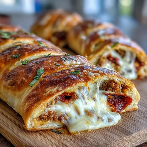 Slices of Baked High-Protein Pepperoni Stromboli revealing layers of seasoned lean ground beef and spicy pepperoni inside.