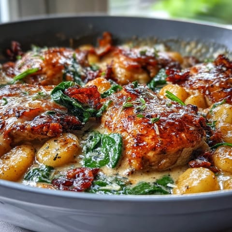 Steaming skillet of One-Pan Creamy Garlic Chicken Gnocchi, garnished with fresh parsley and extra grated cheese ready to serve.