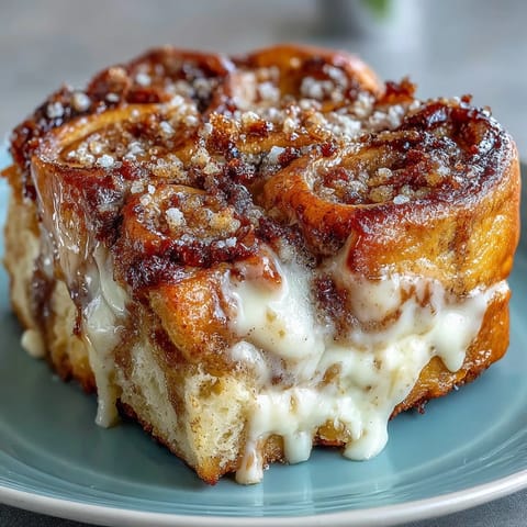 Freshly baked Cream Cheese Swirl Cinnamon Roll French Toast Bake with golden edges and a soft, custardy center on a ceramic dish.