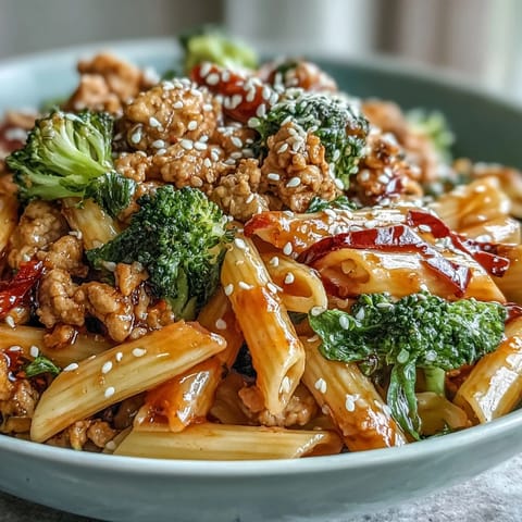Overhead view of Sweet & Spicy Turkey Broccoli Pasta in a white bowl, garnished with sesame seeds and fresh cilantro.