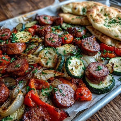 Smoky Sheet Pan Sausage & Veggies served with warm garlic naan for easy weeknight dipping.