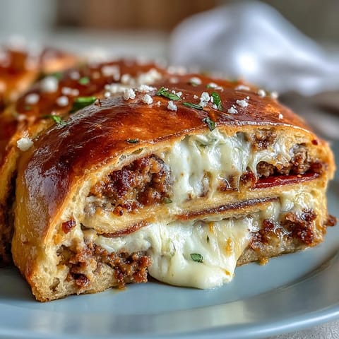 Sliced Baked High-Protein Pepperoni Stromboli on a rustic wooden board, served with a small bowl of warm marinara dipping sauce for a hearty dinner.
