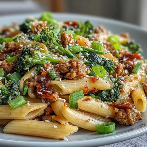 Steamy penne pasta coated in a sweet and spicy sauce, garnished with fresh green onions and toasted sesame seeds.