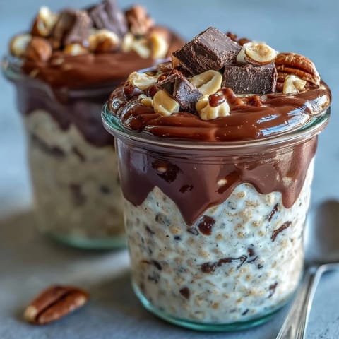 Decadent Peanut Butter Cup Overnight Oats topped with chopped peanuts and rich cocoa ganache.