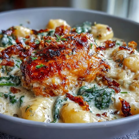 Golden-brown One-Pan Creamy Garlic Chicken Gnocchi simmering in a rich, cheesy sauce with wilted spinach.