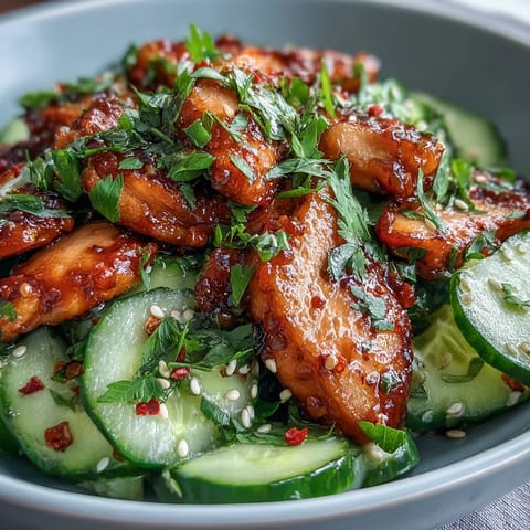 Juicy seared chicken rests atop chilled cucumbers for TikTok Chili-Crisp Cucumber Chicken Bowls, with chili crisp drizzle and sesame seeds.