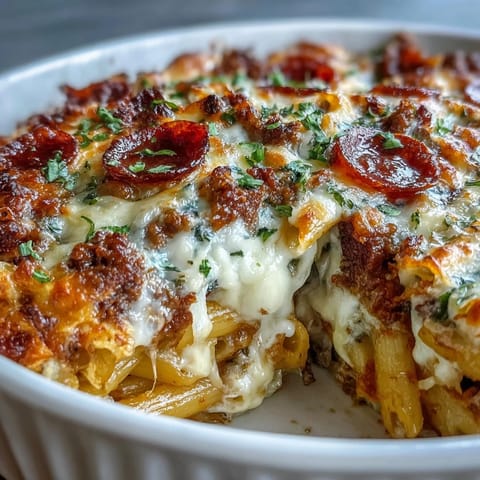 Golden, bubbly mozzarella and slices of pepperoni crown a hearty High-Protein Pizza Pasta Bake fresh from the oven.  