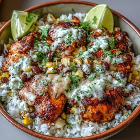 A vibrant one-pan dinner of spiced chicken, rice, tomatoes, corn, and black beans, topped with creamy queso and garnished with fresh cilantro.  