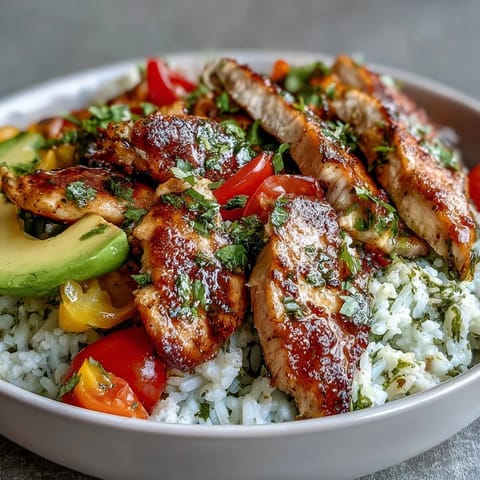 Colorful meal prep bowls with seasoned chicken fajitas and fresh cilantro-lime rice, topped with avocado and cherry tomatoes for a healthy, vibrant lunch.