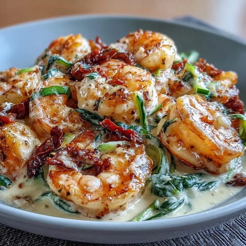 Low-carb Italian shrimp dish featuring tender zucchini noodles in a garlicky cream sauce with spinach and Parmesan cheese.