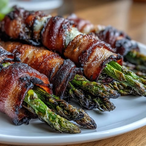 Smoky bacon-wrapped asparagus bundles, oven-roasted until tender and finished with a golden Parmesan crust.  