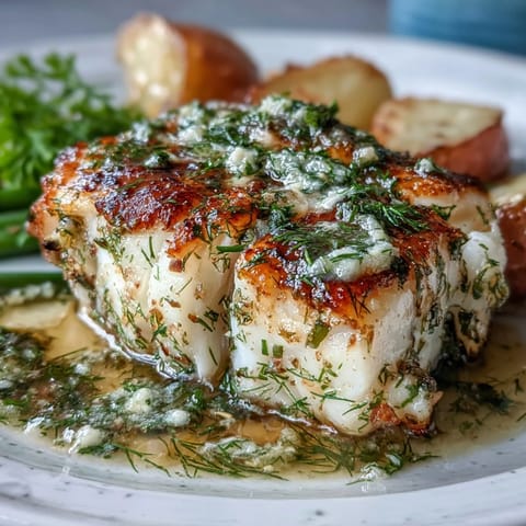 Baked cod fillets topped with fragrant garlic herb butter, served with crisp green beans and tender roasted baby potatoes.  
