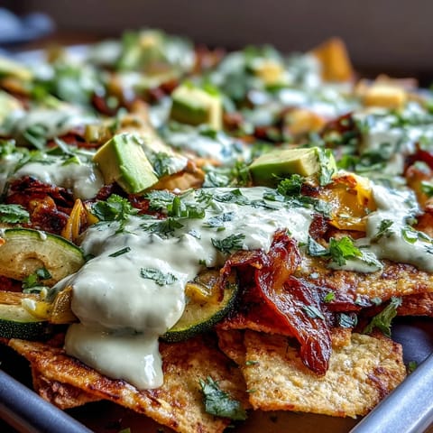Vibrant sheet pan nachos loaded with roasted peppers, zucchini, and corn, topped with zesty salsa verde and creamy cashew queso.