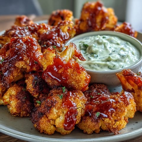 Spicy buffalo cauliflower bites paired with tangy Greek yogurt ranch dip, offering a satisfying keto-friendly snack with bold flavor.  