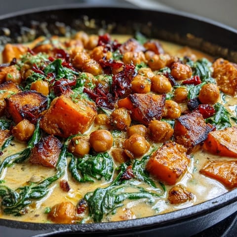 A one-pan vegetarian curry featuring chickpeas, sweet potatoes, and fresh spinach simmered in a rich coconut sauce for a cozy dinner.  