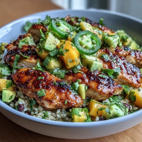 Healthy Mango Avocado Salsa Chicken Bowls featuring juicy grilled chicken, zesty mango-avocado salsa, hearty beans, and nutty brown rice.  