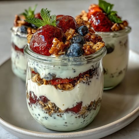 Creamy Greek yogurt layered with fresh berries and crunchy granola crumble in a quick, healthy parfait for breakfast or snack.