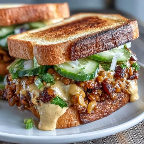 Hearty vegan cheeseburger lentil sloppy joes served over crisp toasted sourdough with rich vegan cheese sauce.  