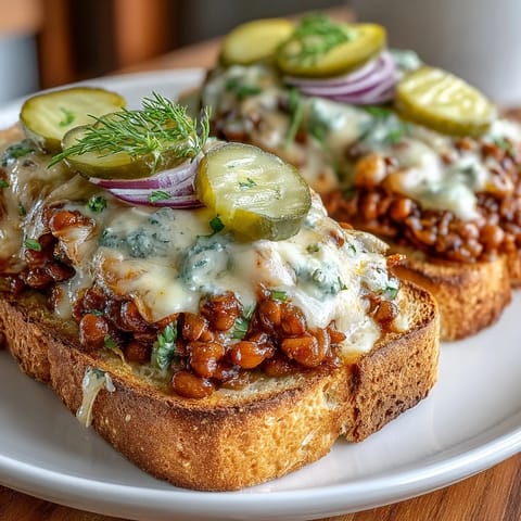 Savory lentil sloppy joe mix piled high on golden sourdough, topped with creamy vegan cheese and fresh garnishes.  