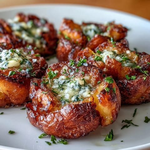 Golden smashed potatoes with crispy edges, drizzled with fragrant garlic-infused olive oil and fleur de sel, perfect for dinner.  