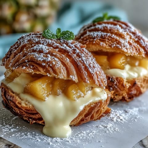 Golden choux pastry puffs filled with creamy mango pastry cream and dusted with powdered sugar for a tropical dessert treat.