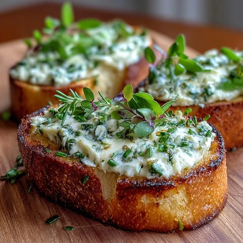 Elegant crostini board with crispy baguette slices topped with creamy herb cream cheese and fresh herbs, perfect for entertaining.