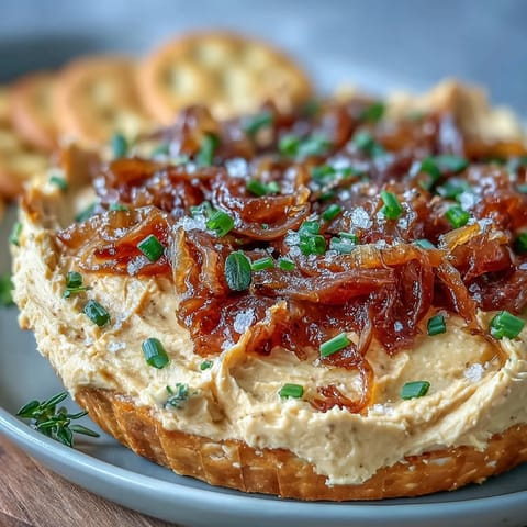 Silky caramelized onions blended into creamy butter, swirled on a wooden board with fresh herbs and sea salt.