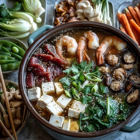 2. Vibrant Asian Hot Pot Interactive with thinly sliced meats, tofu, and greens simmering in an aromatic broth, perfect for a communal dining experience.  