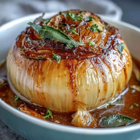 A steaming bowl of onion boil ASMR with tender whole onions in a buttery spiced broth, garnished with fresh parsley and chives.  