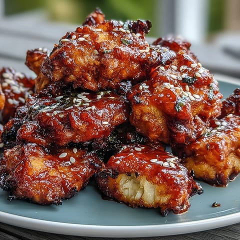 Air fryer Korean fried chicken glazed with spicy-sweet gochujang sauce, golden and crispy on the outside.