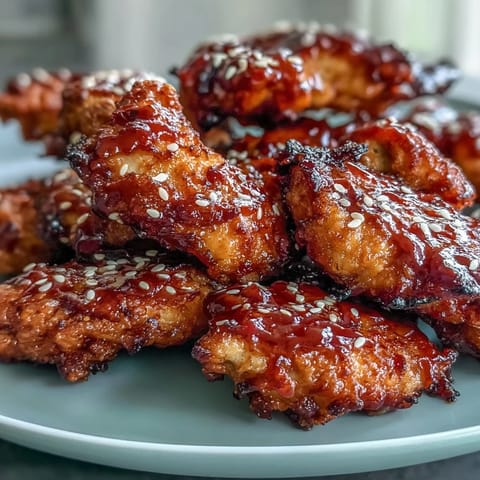 Spicy gochujang-glazed Korean fried chicken made in the air fryer, juicy and perfectly caramelized.