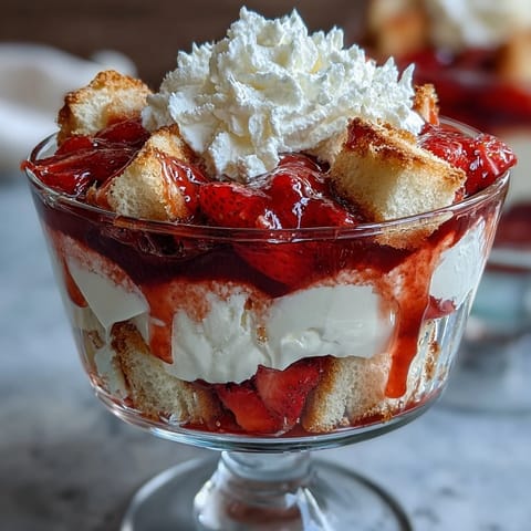 Golden shortcake cubes mingle with macerated strawberries and sweet whipped cream in this festive Galentine's dessert, perfect for sharing with friends.