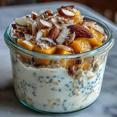 Creamy overnight oats with mango and coconut, topped with fresh tropical fruit and crunchy nuts.  