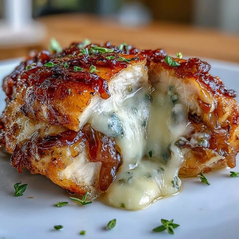 French Onion Stuffed Chicken Breasts with caramelized onions and melted Gruyère cheese, baked until golden and juicy.  