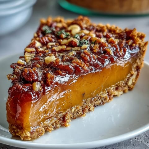2. Rustic candied yams pie with a buttery pecan crust, topped with caramelized pecans, ideal for festive gatherings and cozy family meals.  