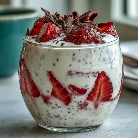 Creamy strawberry yogurt chia pudding topped with dark chocolate shavings and fresh berries for a healthy, indulgent treat.