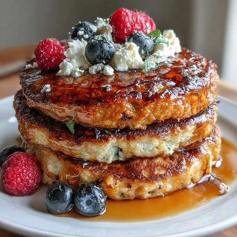 Golden-brown cottage cheese pancakes topped with juicy mixed berries and a light dusting of powdered sugar.  