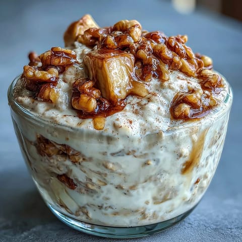 Banana bread-inspired oats topped with sliced bananas and walnuts, drizzled with maple syrup.  