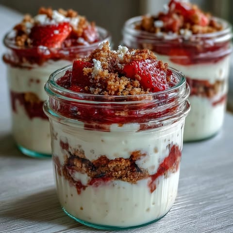 Creamy strawberry cheesecake overnight oats in mason jars with fresh berries and yogurt layers.