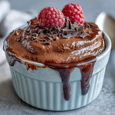 Silky chocolate mousse made with cottage cheese and Greek yogurt, served in individual cups and garnished with crunchy roasted nuts and fresh raspberries.
