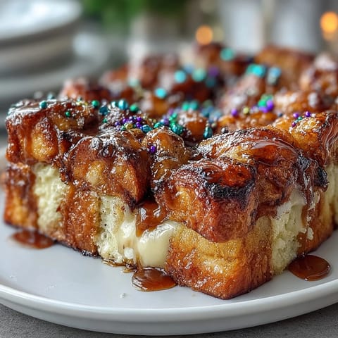 King Cake Overnight French Toast Bake with colorful Mardi Gras icing and sprinkles in a golden baked casserole.