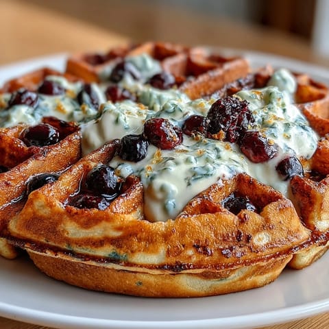 Fluffy lemon blueberry sourdough waffles drizzled with maple yogurt and fresh berries, perfect for a sunny brunch table.