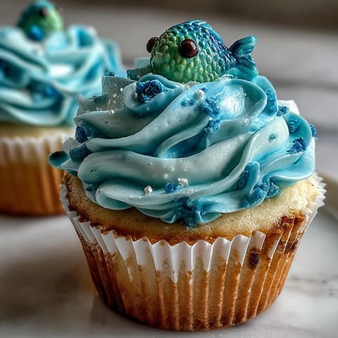 Adorable vanilla cupcakes with whimsical fondant fish toppers, perfect for Pisces zodiac parties or birthdays.