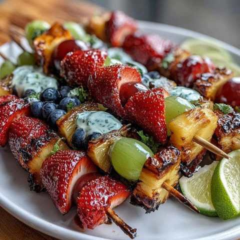 Colorful St. Patrick's Day rainbow fruit kabobs with strawberries, pineapple, and grapes served with creamy honey-lime yogurt dip.